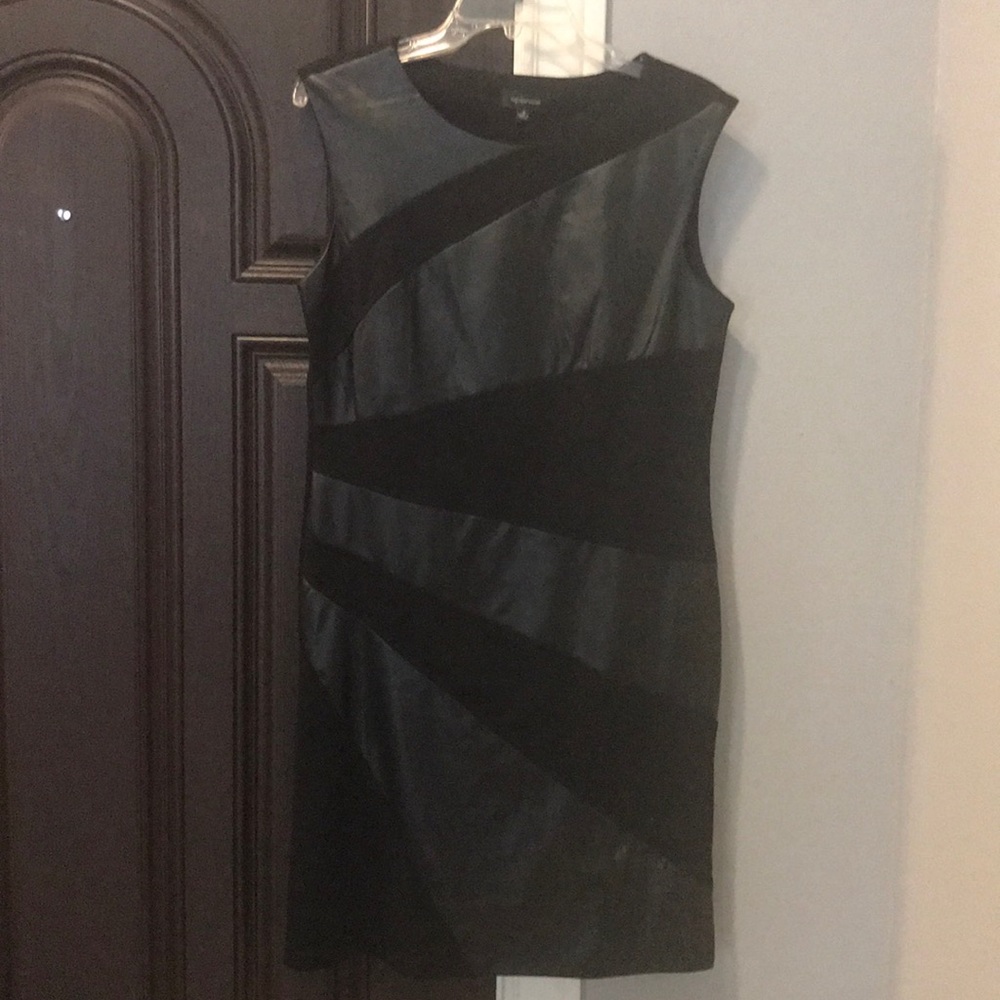 Black sleeveless stretch dress with faux leather